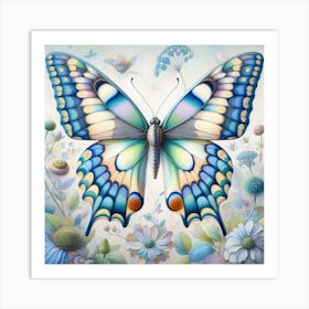 Pastel Coloured Butterfly over Flowers Art Print