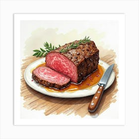 Watercolor Portrayal Of A Tender And Juicy Roast Beef With Gravy On A Stylish Kitchen Table Art Print