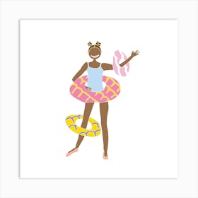 Party Ring Hula Hoop Girl, Fun Circus Animal, Cake, Biscuit, Sweet Treat Print, Square Art Print