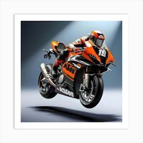 A Highly Detailed, Photorealistic Illustration Of A Sleek, Orange, And Black MotoGP KTM 3 Art Print