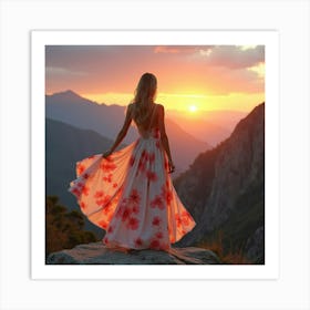 Gorgeous Woman In Watercolor Dress, Stunning Mountain Sunrise 1 Art Print