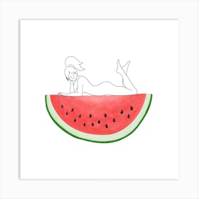 Watermelon Girl Square Line Art Print