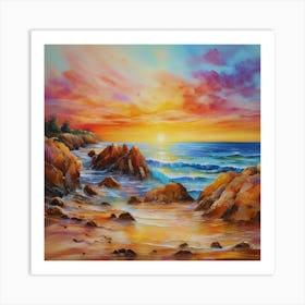 Artwork, oil colors, sea and sunset, seashore, beach rocks.San Francisco, USA.7 Art Print