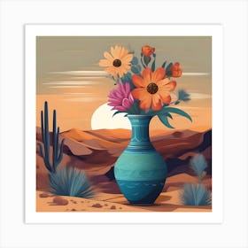 Flower vase decorated with desert landscape, blue, orange and pink Art Print