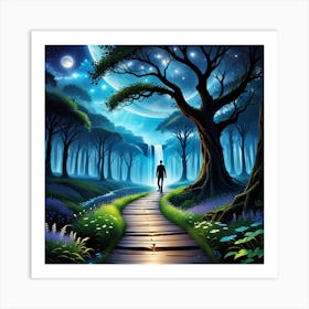 Man Walking In The Forest At Night Art Print