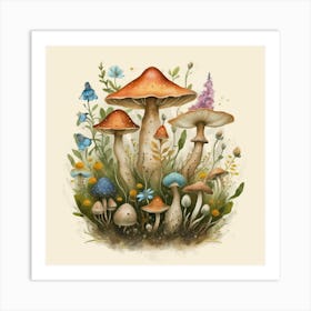 Mushrooms And Flowers Art Print