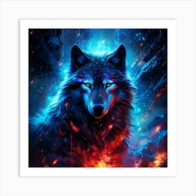 Full Body Portrait Of A Wolf Aglow With Blue And Red Sparks Amidst A Backdrop Of Rain Decorations Art Print