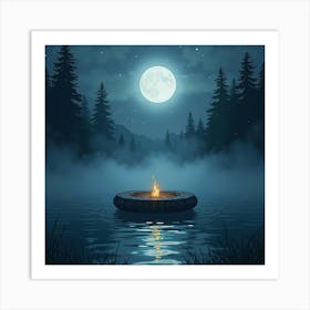 Mystical Relic Floating In A Moonlit Lake Surrounded By Enchanted Fog 1 Art Print