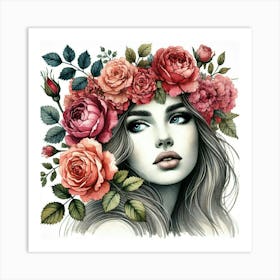 woman portrait with flowers head crown 4 Art Print