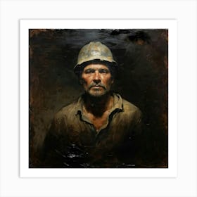 Weathered Portrait Captures A Miner Obscured Face Half Shrouded In Shadows Illuminated By A Faint Art Print