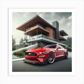 Red Ford Mustang Full Body Kit In Front Of Modern House 3 Art Print