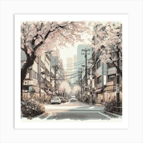 "Sakura Boulevard" | Sakura, Cherry Blossoms, Tokyo, Japan, Artwork, Wall Art, Watercolor, Nature, Aesthetic, Zen, Lofi, Anime Art Print