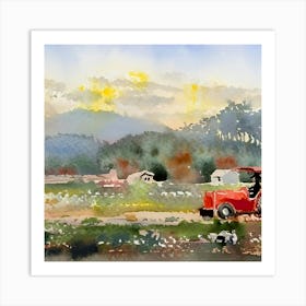 Red Tractor In The Field Art Print