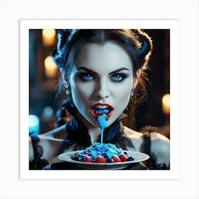 Vampire Woman Eating Dessert Art Print