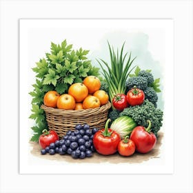 A Vibrant English Farmer S Market With Seasonal Fruits And Vegetables, Watercolor Art Print