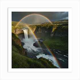 Rainbow Over Waterfall In Iceland Art Print