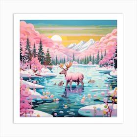 Pink Deer In The Snow Art Print