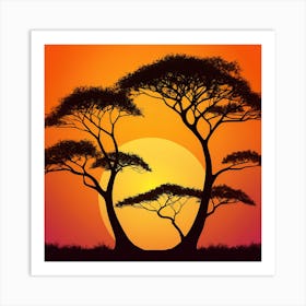 Silhouette Of African Trees At Sunset Art Print