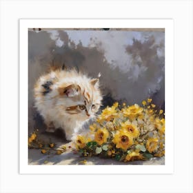 Cat With Yellow Flowers 1 Art Print