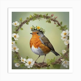 Bird With A Flower Crown European Robin Art Print 1 Art Print