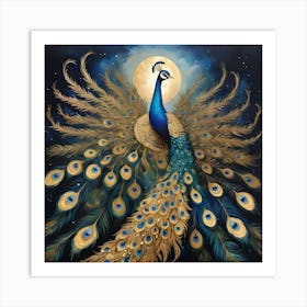 This masterpiece of Thai art captures the beauty of Thailand's nature in its unique style. Featuring a large peacock with vibrant plumage against a night sky background, adorned with traditional Thai patterns and intricate feather details, the artwork boasts rich colors and cultural symbolism. The serene atmosphere and mystical presence are enhanced by the use of gold and jewel tones, creating a mesmerizing piece that celebrates both the natural and cultural richness of Thailand. Art Print