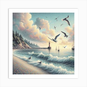 Seashore and seagulls 3 Art Print