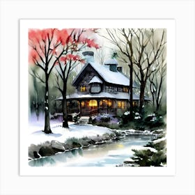 Winter House In The Woods Watercolor Landscape Art Print