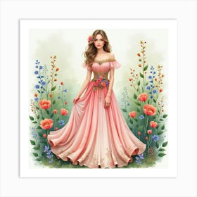 Beautiful Lady In Watercolor Dress, Enchanted Garden 1 Art Print