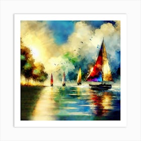 Sea Sailboats Blue Sky Sunset Artwork Art Print