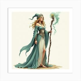 Elegant Sorceress With A Magical Staff, Watercolor 1 Art Print