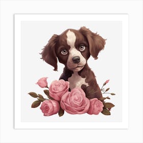 Puppy With Roses Art Print