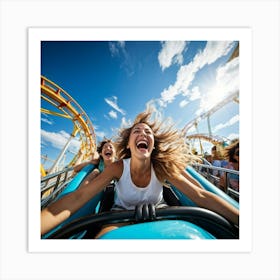 An Amusement Park Roller Coaster Ride Hair Whipped By Strong Winds Passengers Expressions Of Thri Art Print