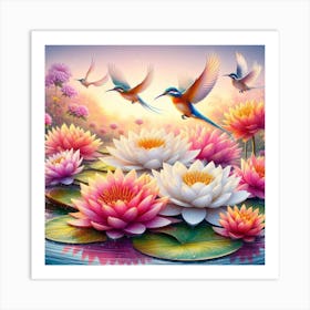 Water Lilies And Birds Art Print