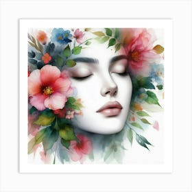 Watercolor Of A Woman With Flowers 13 Art Print