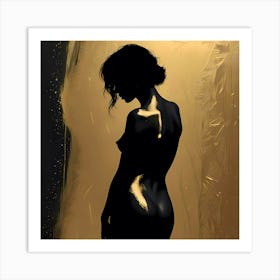 Golden Silhouette: Embrace of Light and Shadow - Silhouette Of A Nude. Woman Art Print