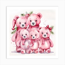 Christmas Pink Bear Family Watercolour Art Print