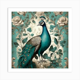 Turquoise Peacock Vintage Wallpaper With Leaves Art Print 2 Art Print