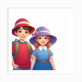 Boy And Girl In Hats Art Print