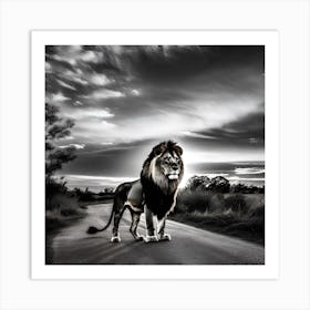 Lion Walking On The Road Art Print