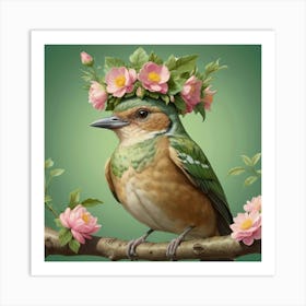 Default A Bird With A Flower Crown On Its Head Sitting On A Br 1 10 Art Print