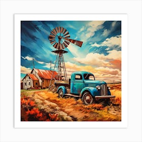 Blue Truck And Windmill Art Print