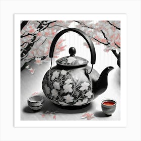 Firefly An Intricate Beautiful Japanese Teapot, Modern, Illustration, Sakura Garden Background 66701 1 Art Print