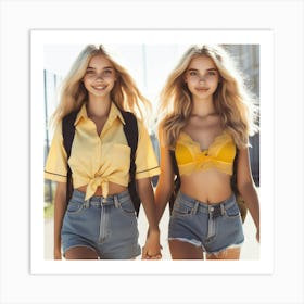 Two Young Women In Denim Shorts Art Print