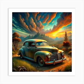 Old Car At Sunset Art Print