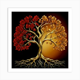 Template: Half red and half black, solid color gradient tree with golden leaves and twisted and intertwined branches 3D oil painting 5 Art Print