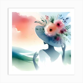 Watercolor Woman With Flowers In Hat Art Print