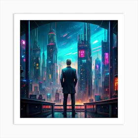 A Man In A Suit Standing On A Balcony Overlooking A Futuristic City Art Print