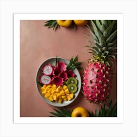 Tropical Fruit Plate On Pink Background Art Print