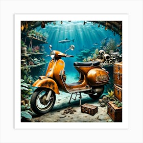 Motorbike Workshop On The Bottom Of The Sea Art Print