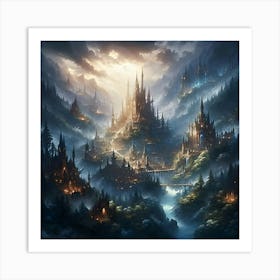 An Intricate High Fantasy Digital Art Piece, Focusing On A Sprawling Elven City Nestled In An Ancient Forest, Bathed In The Ethereal Twilight Glow 1 Art Print